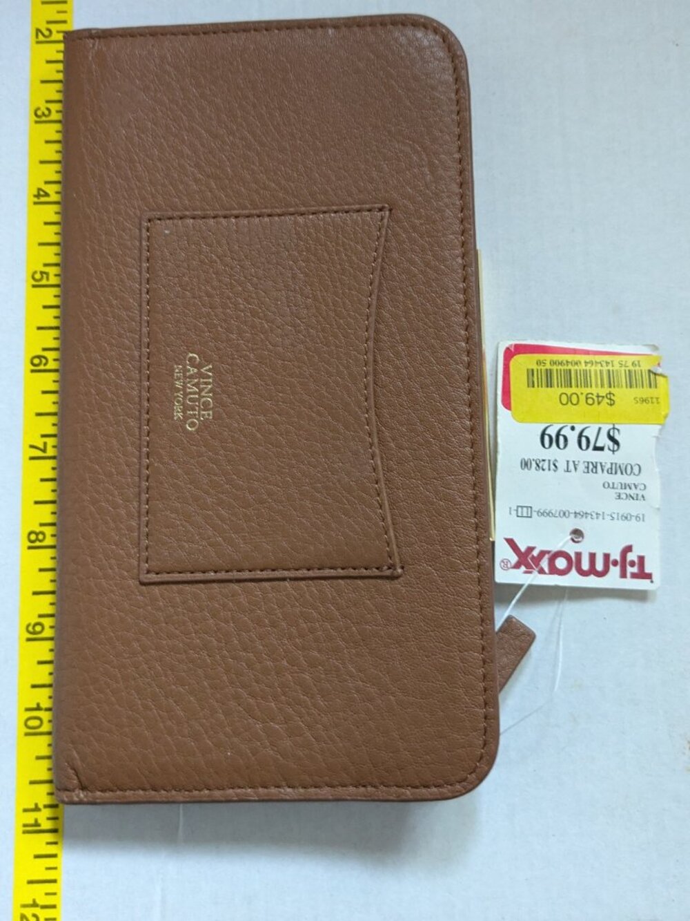 VINCE CAMUTO Brown Tan Textured Leather Top Snap Zipper I.D. Long Length Wallet